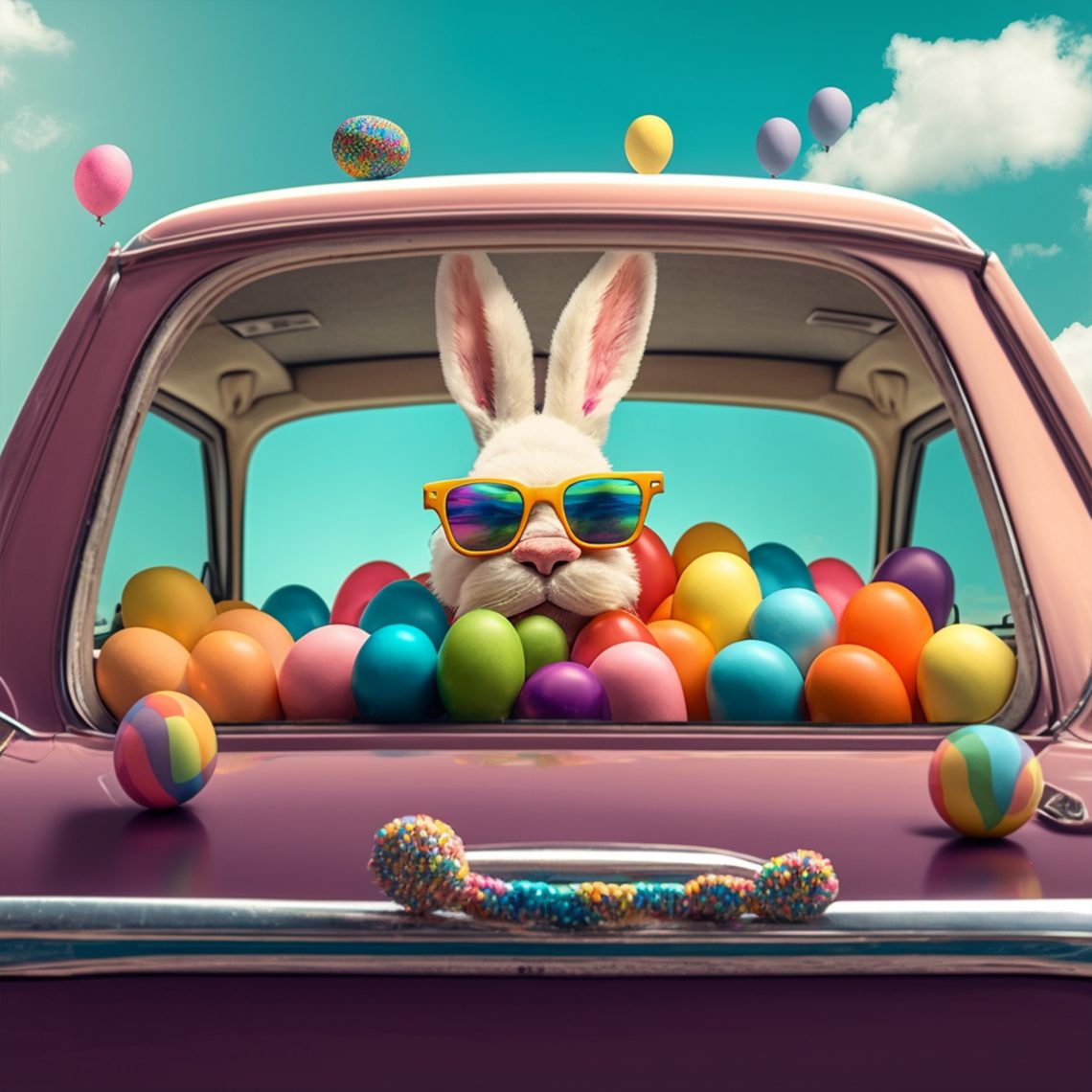 cute-easter-bunny-with-sunglasses-looking-out-of-a-car-filed-with-easter-eggs-ai-generative-free-photo